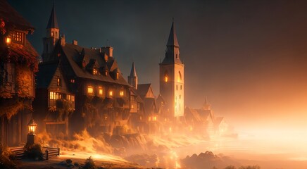 Naklejka premium Old medieval village at night [AI Generated]