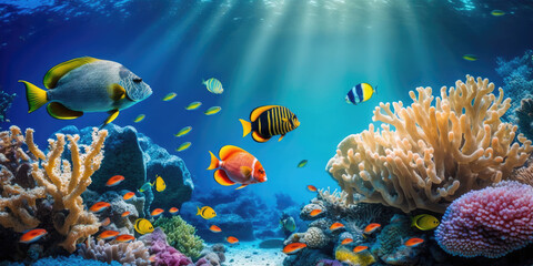 Obraz na płótnie Canvas Colorful tropical fish coral scene background, Life in the coral reef underwater, generative AI