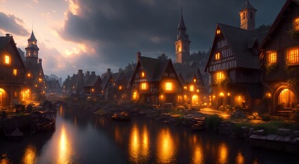 Old medieval village at night [AI Generated]