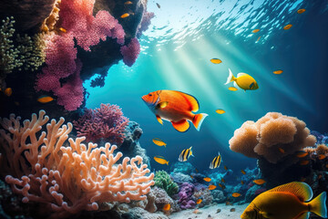 Fototapeta na wymiar Colorful tropical fish coral scene background, Life in the coral reef underwater, generative AI