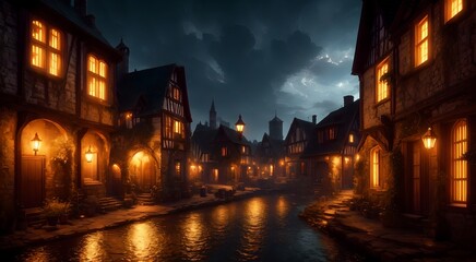 Old medieval village at night [AI Generated]