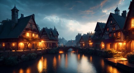 Obraz premium Old medieval village at night [AI Generated]