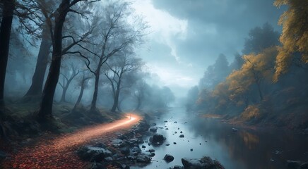 Fototapeta na wymiar Tranquil river and forest scenery [AI Generated]