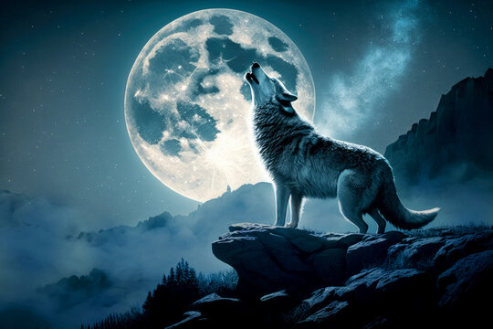 Wolf howling at the moon. Generative AI
