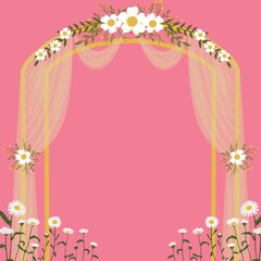 Wedding, Arch, Alter, Veil, Drapes, Fabric, Satin, Tulle, Daisies, Daisy, Floral, Leaves, Greenery, Vows, Invite, Invitation, Pink, Pretty, Cute, Sweet, 