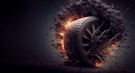  Beautiful new black wheel, a black low-profile tire and a cast disc for a car, with an explosion of fire and smoke piercing the wall. A spectacular presentation for a tire store ai