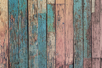 Aged and weathered textured background featuring old boards with blue and red shades. Surface of the boards appears rough and worn, with visible cracks and natural imperfections, adding character,ai 
