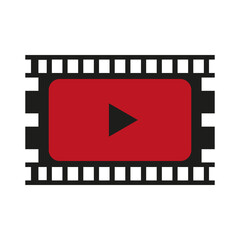Red play button film in retro style. Vector illustration.
