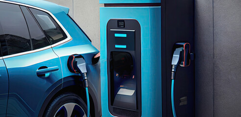 A brand new electric charging station sits next to a light blue electric car that is currently charging. The charging station is sleek, modern and has a digital display that shows the charging ai
