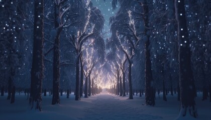 Snow covered winter wonderland. Icy snowflakes and Christmas lights. Wintery trees and snowy paths. Holiday background.