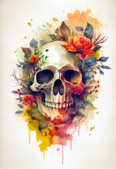 Skull with roses in watercolor style isolated on white. Generative ai illustration