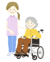 介護士の女性と車椅子のおばあさん