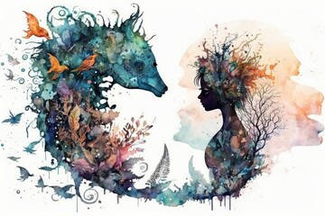 Watercolor artwork depicting a seahorse, representing seafood and aquatic life. Generative AI