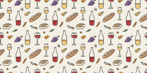 Wine and Cheese board Picnic Hand-Drawn Illustration Vector Seamless Illustration Romantic Still Life - 573746538
