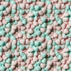 Seamless patterns Texture of marshmallows in the form of hearts of pink and greenish turquoise color in soft pastel colors. AI generated. 