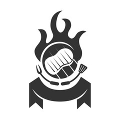 barbecue logo with bbq logotype and fire concept in combination with spatula