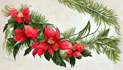 Fototapete Rund Watercolor Christmas floral frame. Botanical square card design with winter plants: mistletoe, eucalyptus leaves, spruce, pine cone, red, white berries. Generative Ai © hassanmim2021