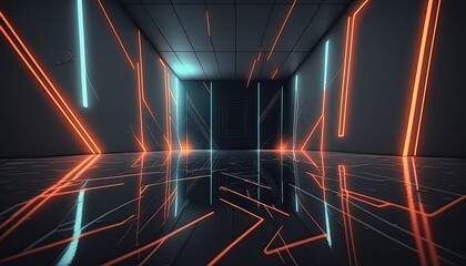 Abstract dark neon geometric background inside a dark empty room and glowing laser lines on the walls. Wet concrete floor, neon light reflection generative ai