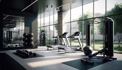 Contemporary spotless fitness gym center interior blurred generative ai