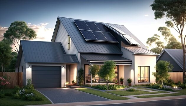 Beautiful new homes with solar panels on the roof . frondview generative ai