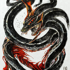 Mythical Black Serpent, Asian art, white background