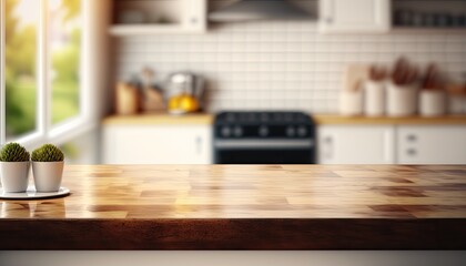 Empty tabletop over defocused kitchen with copy space . blarred bakcground generative ai