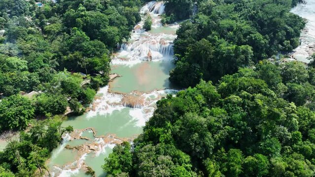 Aerial view of the waterfalls Agua Azul, Chiapas (Mexico).