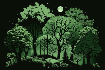 On a forest green background, trees of varying sizes flourish. Generative AI