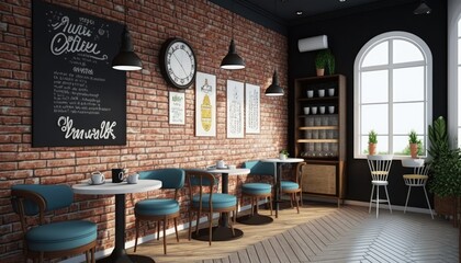 Modern cafe design interior with a brick wall. Loft design. Coffee shop, cafe generative ai