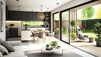 Modern open plan living room with beautiful kitchen. Cozy patio area with garden furniture generative ai