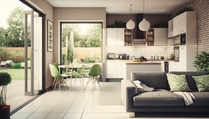 Fototapeta na wymiar Modern open plan living room with beautiful kitchen. Cozy patio area with garden furniture generative ai