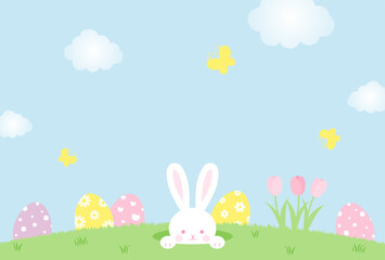easter vector background with bunny, eggs and flowers for banners, cards, flyers, social media wallpapers, etc.