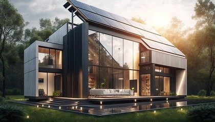 Fototapeta na wymiar Solar panels on the roof of a beautiful modern home generative ai 