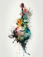 Colorful Ink Splashes Forming Acoustic Guitar - Vibrant Abstract Art with Musical Theme
