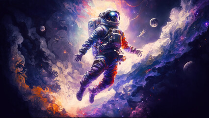 Fototapeta premium Astronaut floating in space in zero gravity surrounded by planets with misty nebulae in the background