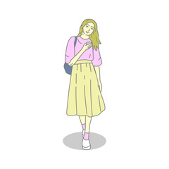 vector illustration of girl in trendy dress style clothes.model standing with carrying bag and holding handpone.korean style.hand drawn concept