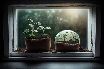 A window sill with basil seedlings growing in biodegradable pots. Plants growing in a peat bog. Miniature seedlings germinating in a pot. A home gardener. Relaxing pastime. Generative AI