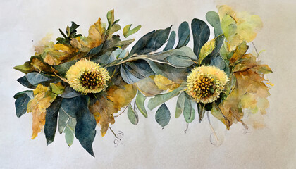 Sunflower and eucalyptus leaves bouquet, Watercolor floral illustration, Yellow flowers. Generative Ai