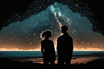 A boy and a girl staring each other under a night sky full of stars on a beach