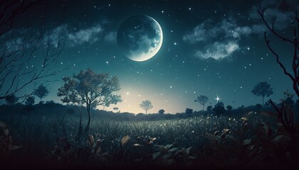 Night sky with stars and moon. Ai generative.
