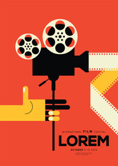 Movie and film poster design template background with vintage camera
