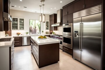 High-End Stainless Steel Kitchen with Large Island and Glass Cabinets. Generative AI
