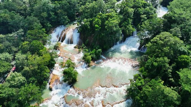 Aerial view of the waterfalls Agua Azul, Chiapas (Mexico).