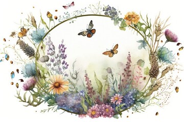 Obraz na płótnie Canvas Watercolor wildflowers border, floral frame illustration with flying bees and butterflies. Panorama of a summer meadow. Garden party invitation wording sample. Generative AI