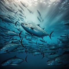 School of tuna swimming in the deep blue sea