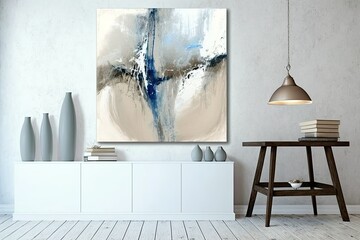 Beautiful abstract acrylic painting in white, blue, and beige. Generative AI