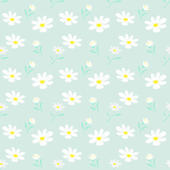 Seamless pattern of daisies on pastel green in flat style.