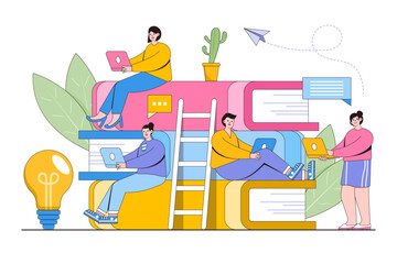 E-learning, online education concept with books and people character. Outline design style minimal vector illustration for landing page, web banner, infographics, hero images