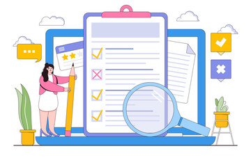 Customer experiences and satisfaction concept with people character. Woman filling test in customer survey form and putting check mark on checklist. Suitable for landing page, web banner, hero images