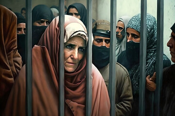 Brave iranian or muslim women behind bars in prison or detention, tortured and scared, for fighting for their human rights, screaming and yelling for justice for women in the arab and muslim world